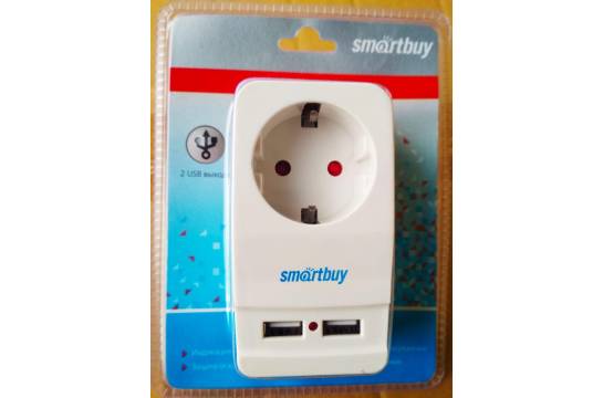 Адаптер-фильтр Smartbuy, 1 гнездо с заземлением 16A, 2 USB 2.1 A